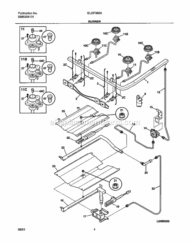 Frigidaire GLGF366ABB Freestanding, Gas Range Burner Diagram