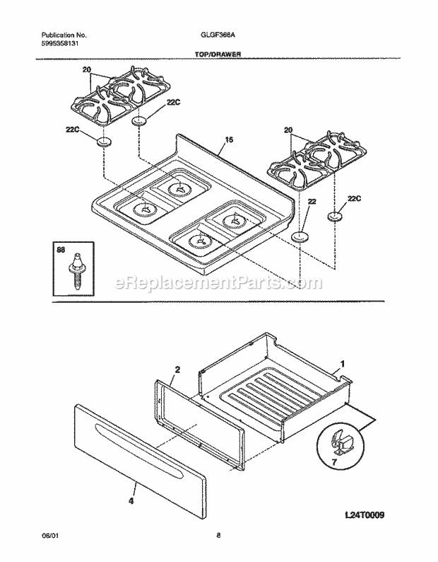 Frigidaire GLGF366ABB Freestanding, Gas Range Top / Drawer Diagram