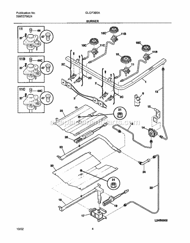 Frigidaire GLGF366ABC Freestanding, Gas Range Burner Diagram