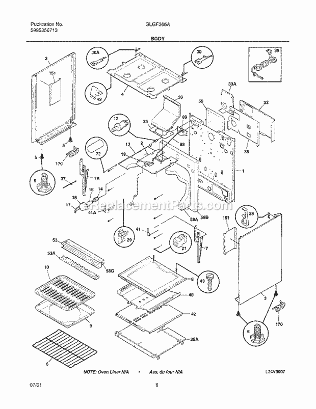 Frigidaire GLGF366AQA Freestanding, Gas Range Body Diagram