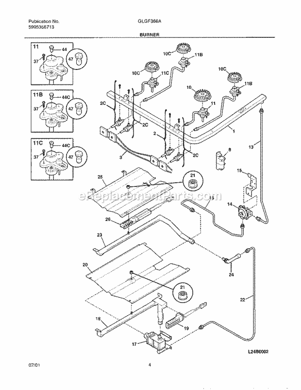 Frigidaire GLGF366AQA Freestanding, Gas Range Burner Diagram