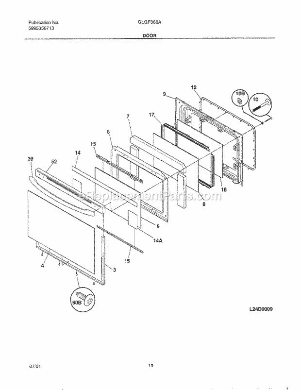 Frigidaire GLGF366AQA Freestanding, Gas Range Door Diagram