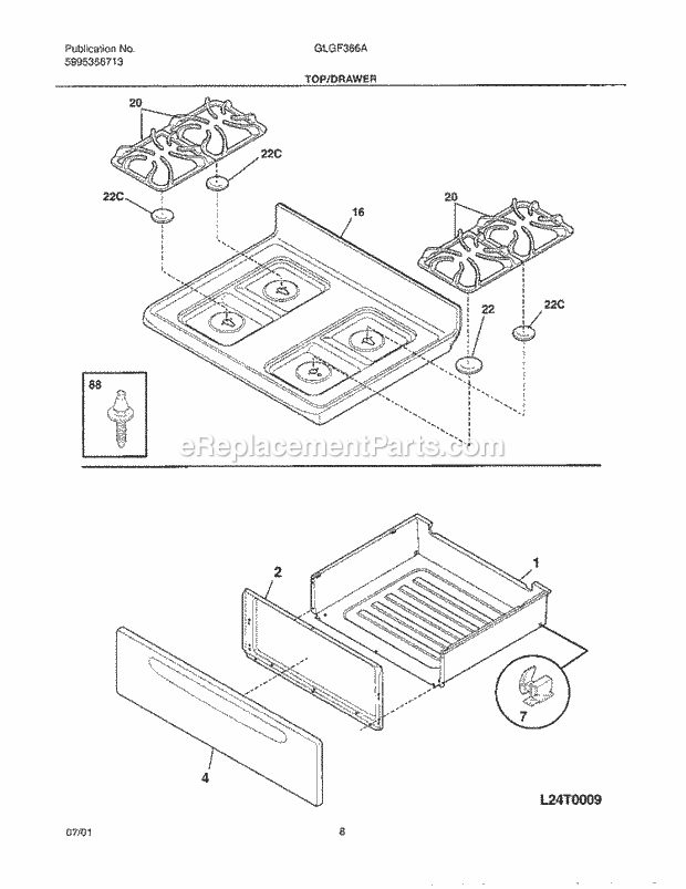 Frigidaire GLGF366AQA Freestanding, Gas Range Top / Drawer Diagram