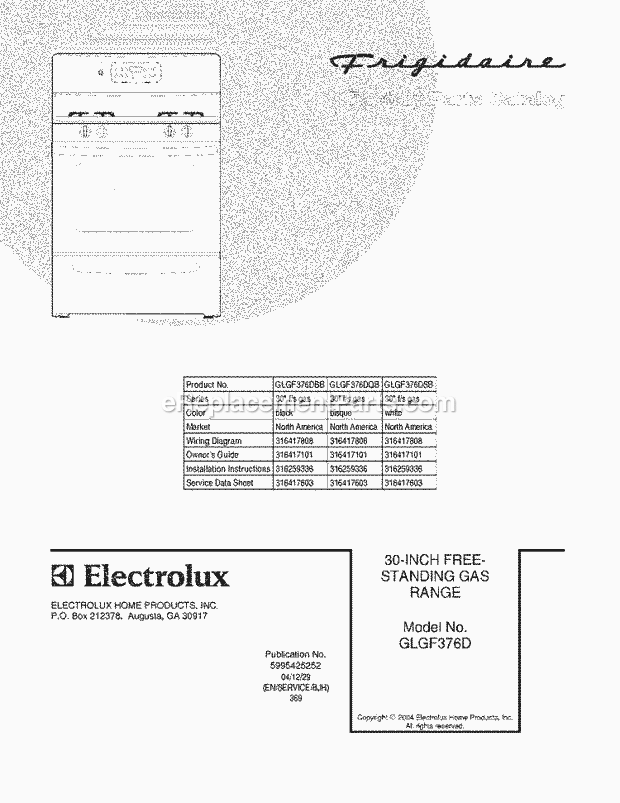 Frigidaire GLGF376DBB Freestanding, Gas Gas Range Page D Diagram
