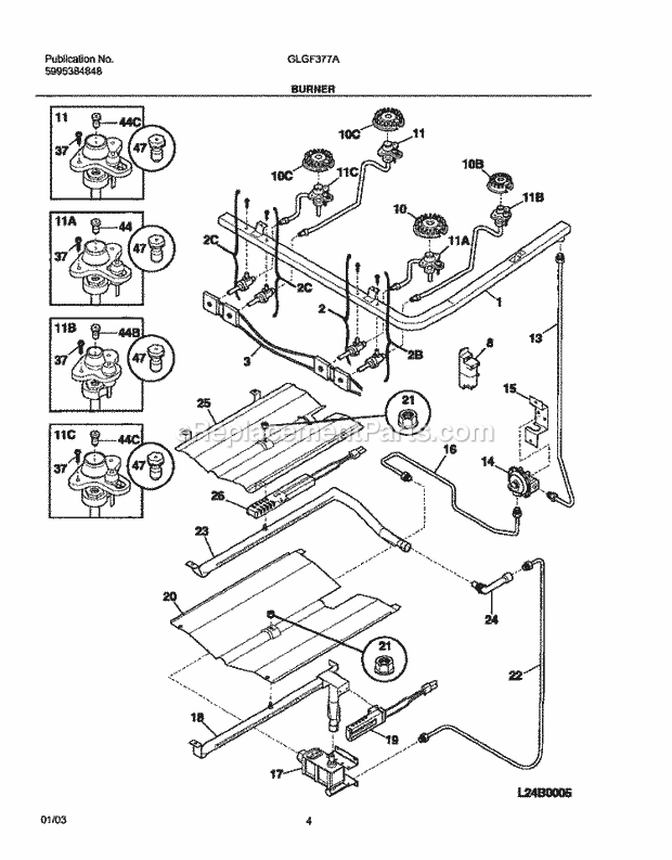 Frigidaire GLGF377ABG Freestanding, Gas Gas Range Burner Diagram