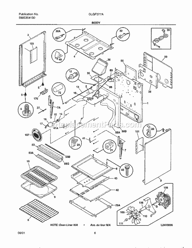 Frigidaire GLGF377AQA Freestanding, Gas Gas Range Body Diagram