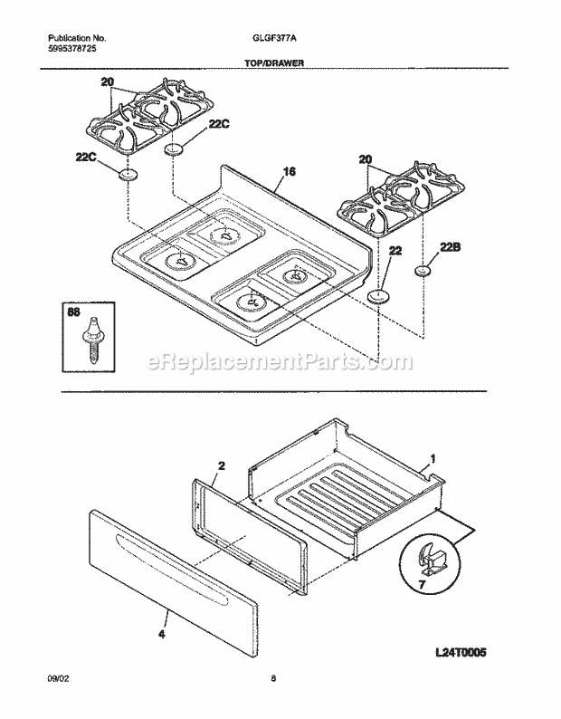 Frigidaire GLGF377AQF Freestanding, Gas Gas Range Top / Drawer Diagram