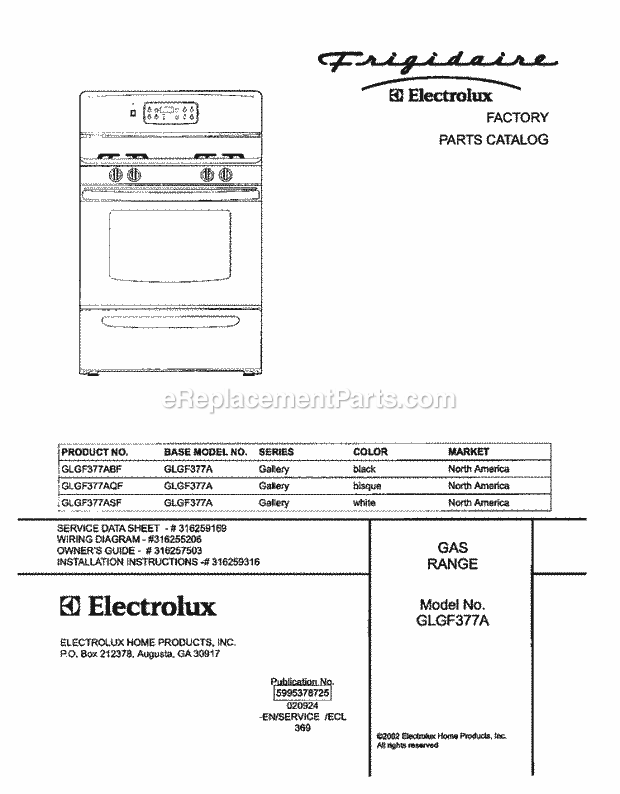 Frigidaire GLGF377ASF Freestanding, Gas Gas Range Page D Diagram