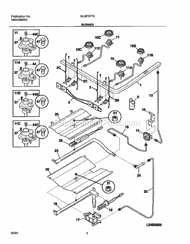 Frigidaire GLGF377CBA Freestanding, Gas Gas Range Burner Diagram