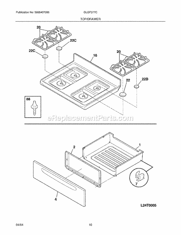 Frigidaire GLGF377CBD Freestanding, Gas Gas Range Top / Drawer Diagram