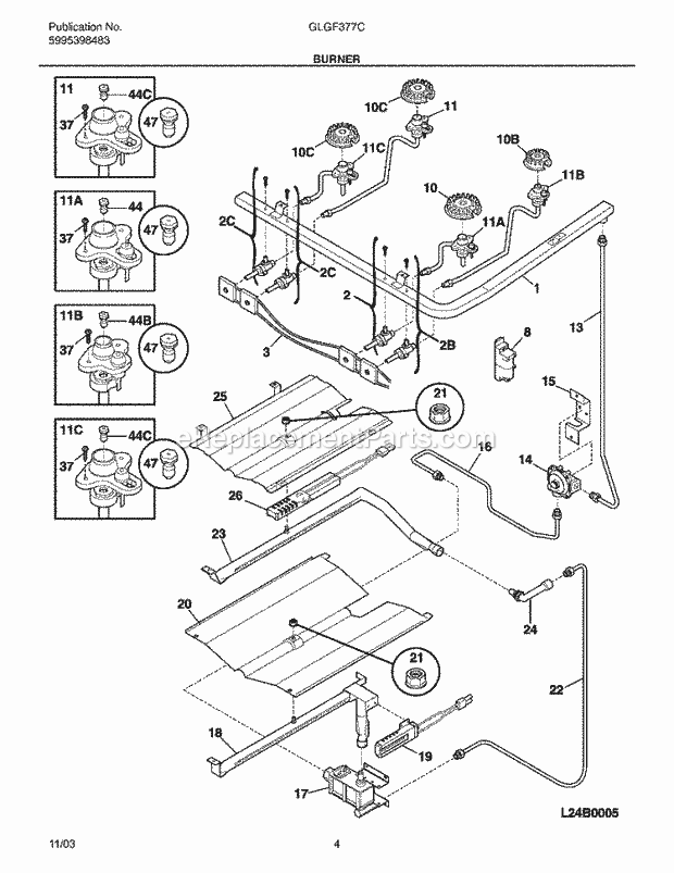 Frigidaire GLGF377CQB Freestanding, Gas Gas Range Burner Diagram