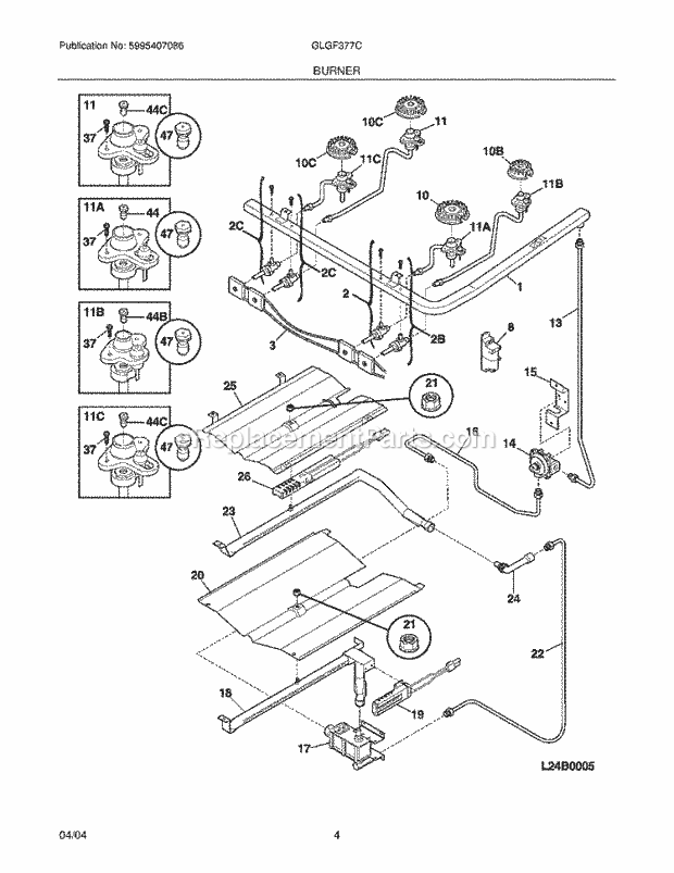 Frigidaire GLGF377CQD Freestanding, Gas Gas Range Burner Diagram