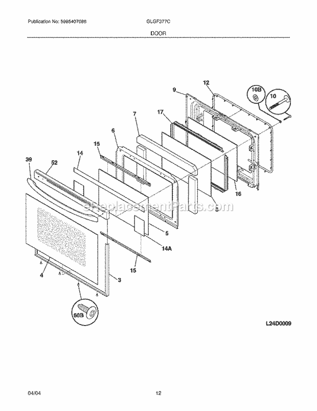 Frigidaire GLGF377CQD Freestanding, Gas Gas Range Door Diagram