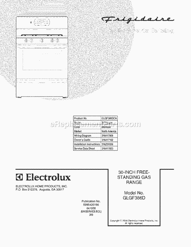 Frigidaire GLGF386DCA Freestanding, Gas Gas Range Page D Diagram