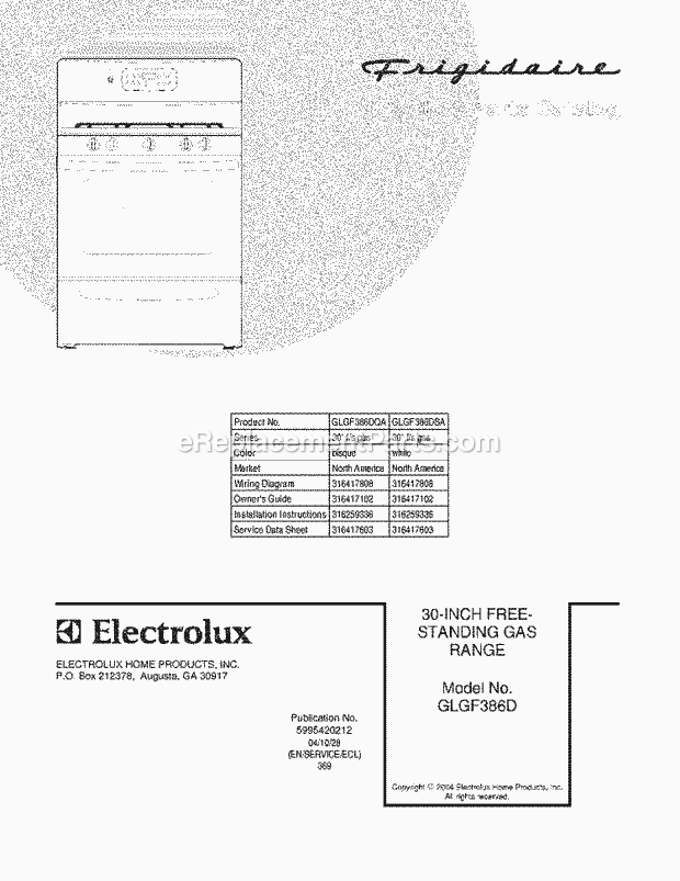 Frigidaire GLGF386DSA Freestanding, Gas Gas Range Page D Diagram