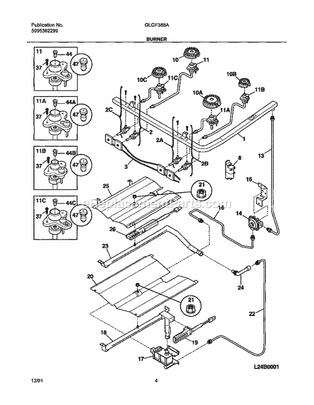 Frigidaire GLGF388ABA Freestanding, Gas Range Burner Diagram