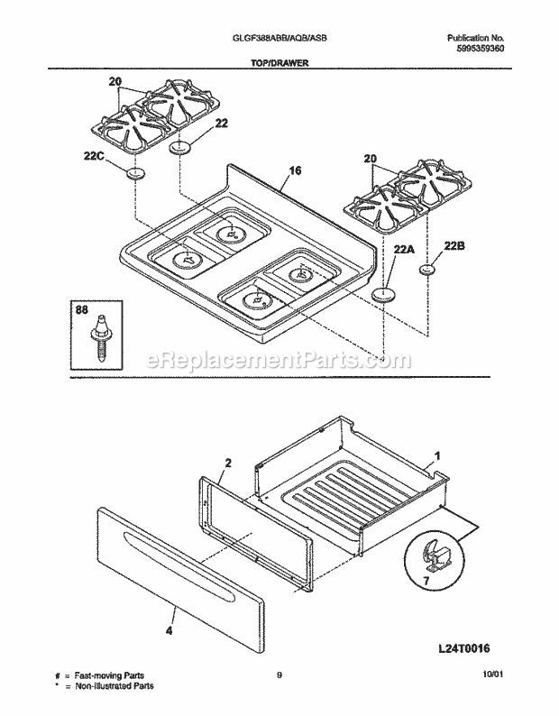 Frigidaire GLGF388ASB Freestanding, Gas Range Top / Drawer Diagram