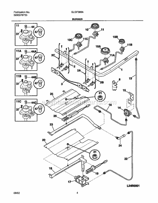 Frigidaire GLGF388ASD Freestanding, Gas Range Burner Diagram