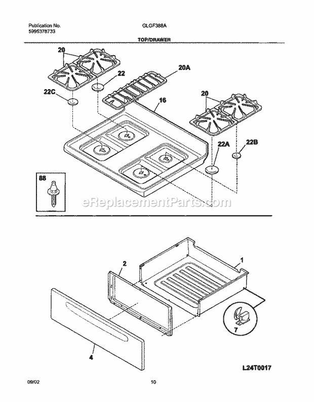 Frigidaire GLGF388ASD Freestanding, Gas Range Top / Drawer Diagram