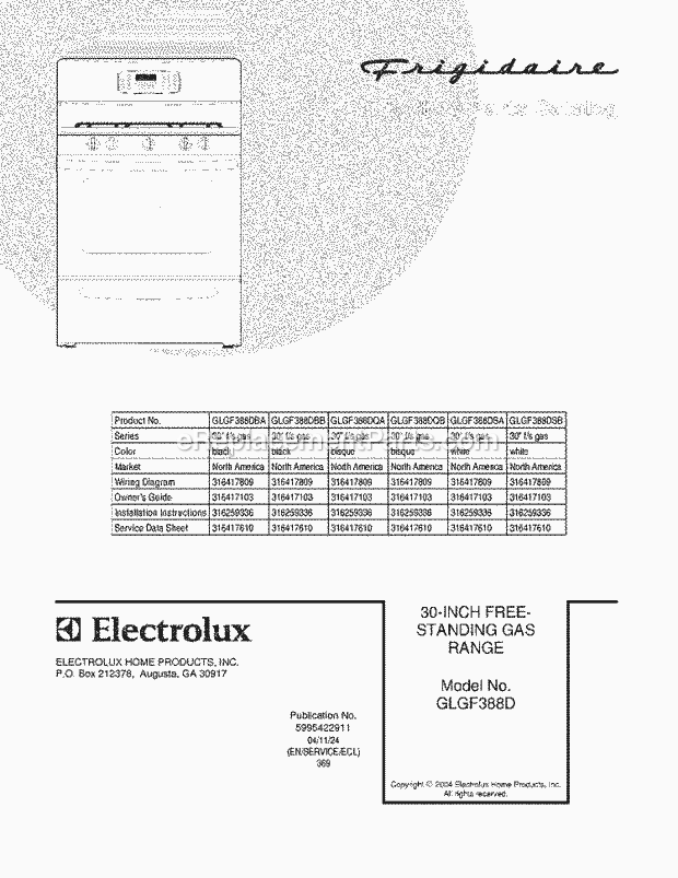 Frigidaire GLGF388DSA Freestanding, Gas Range Page D Diagram