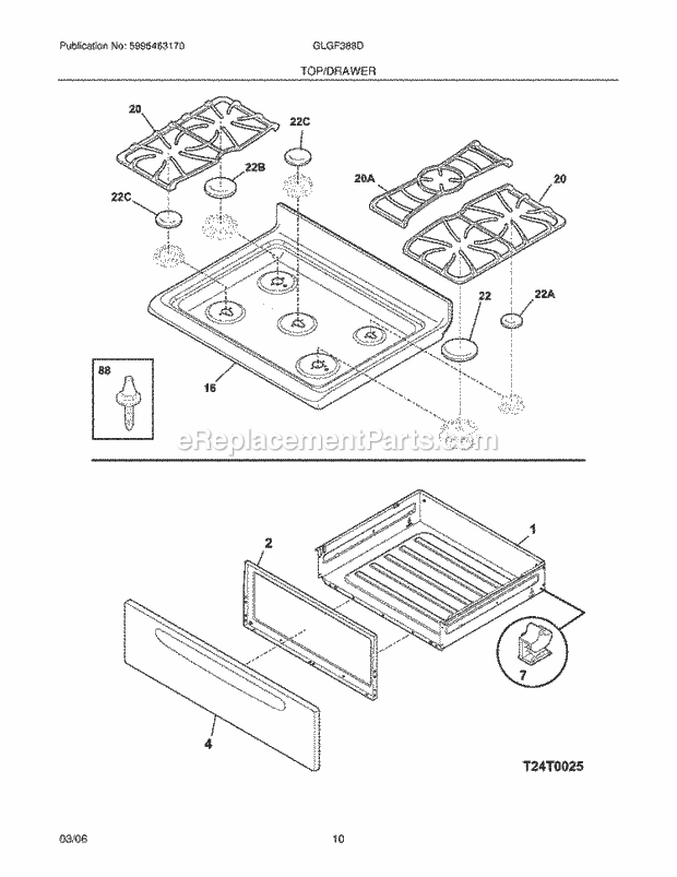 Frigidaire GLGF388DSF Freestanding, Gas Gas Range Top / Drawer Diagram