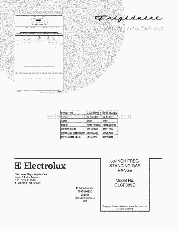 Frigidaire GLGF389GBA Freestanding, Gas Gas Range Page D Diagram