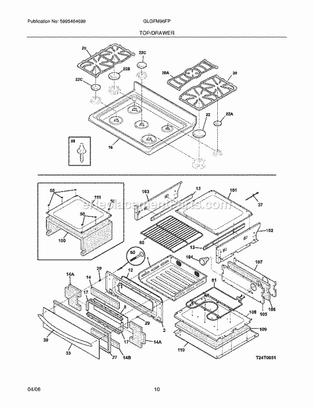 Frigidaire GLGFM96FPWA Freestanding, Gas Gas Range Top / Drawer Diagram