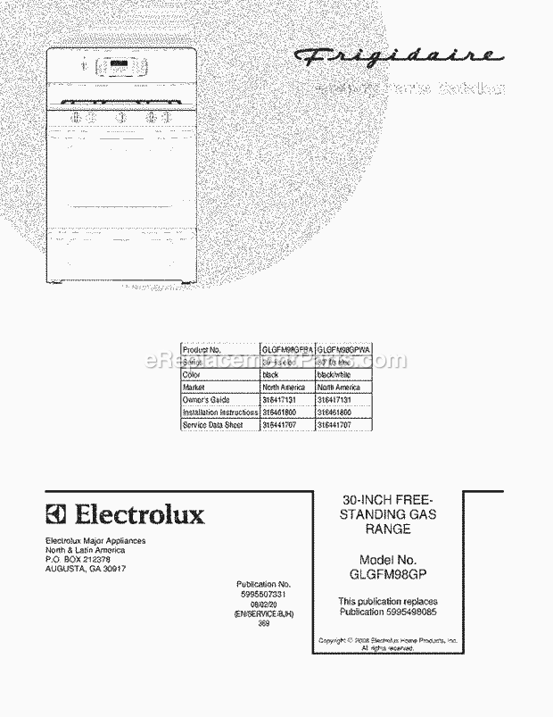 Frigidaire GLGFM98GPBA Freestanding, Gas Gas Range Page D Diagram