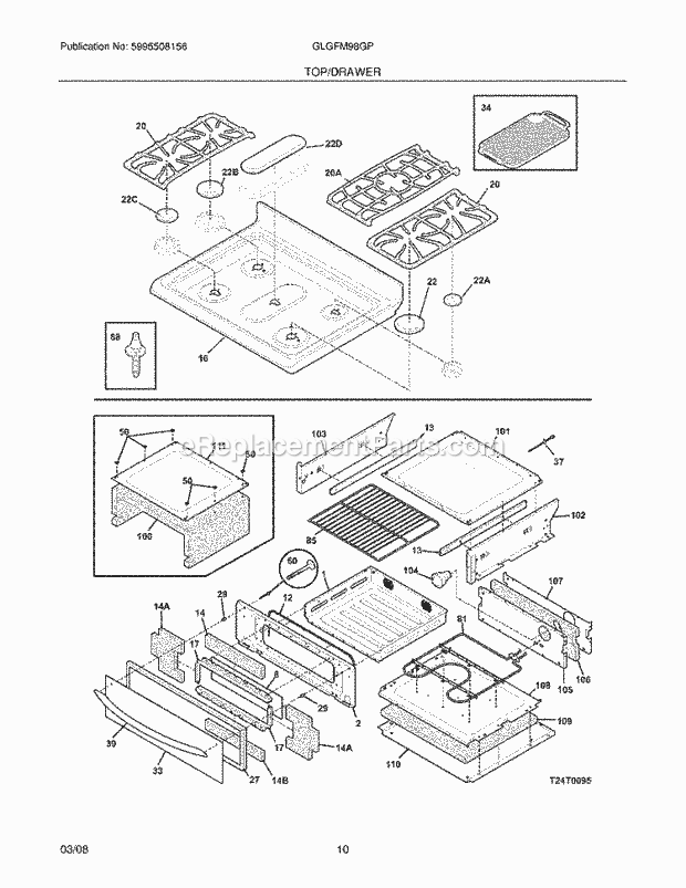 Frigidaire GLGFM98GPWC Freestanding, Gas Gas Range Top / Drawer Diagram