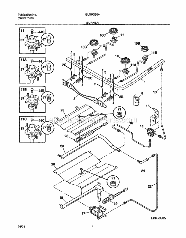 Frigidaire GLGFS66AQA Freestanding, Gas Range Burner Diagram