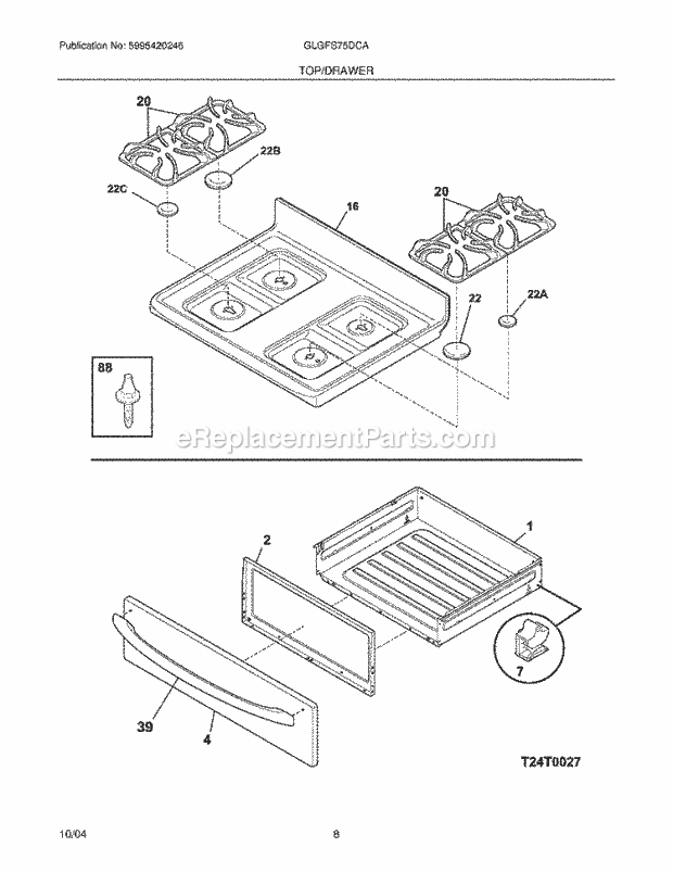 Frigidaire GLGFS75DCA Freestanding, Gas Gas Range Top / Drawer Diagram