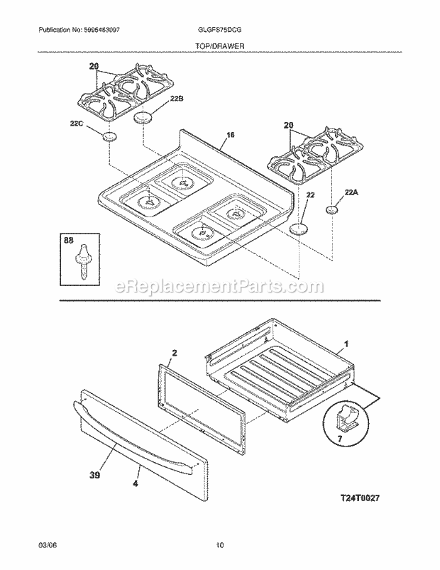 Frigidaire GLGFS75DCG Freestanding, Gas Gas Range Top / Drawer Diagram