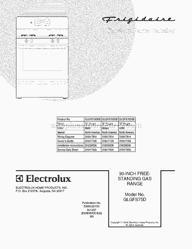 Frigidaire GLGFS75DSB Freestanding, Gas Gas Range Page D Diagram