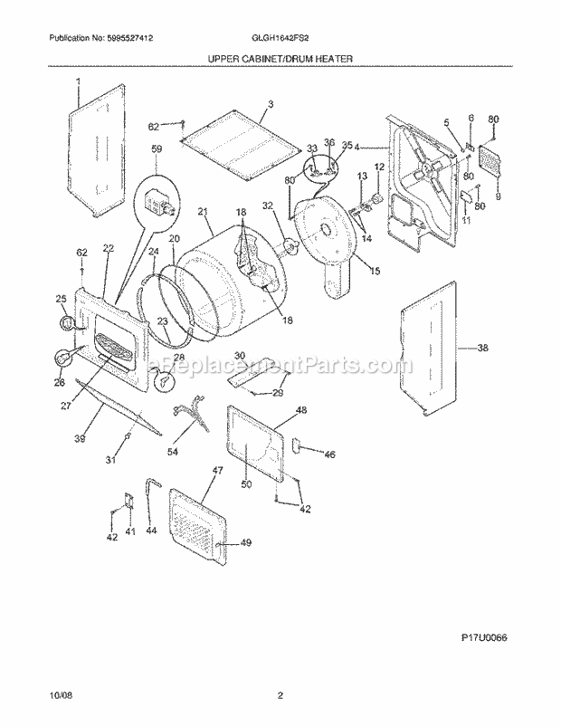 Frigidaire GLGH1642FS2 Laundry Center Upper Cabinet/Drum Heater Diagram