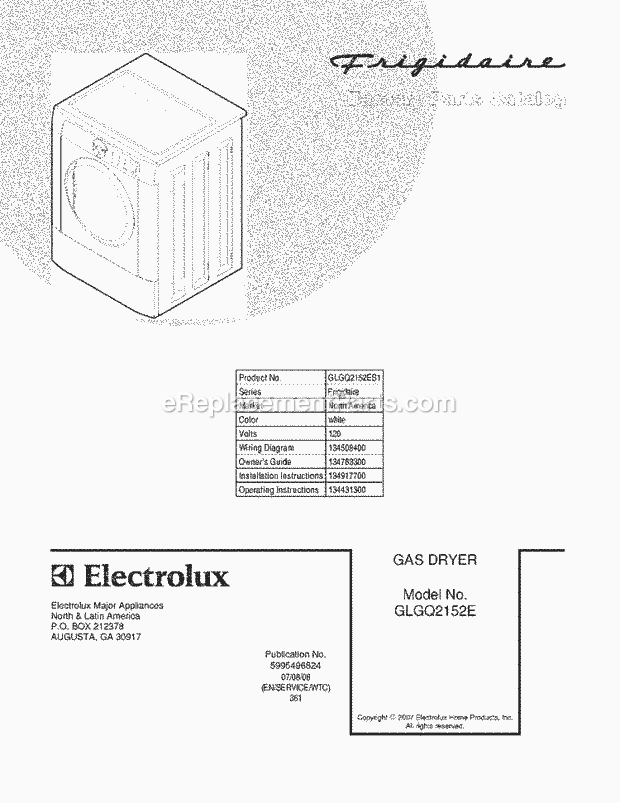 Frigidaire GLGQ2152ES1 Residential Dryer Page D Diagram