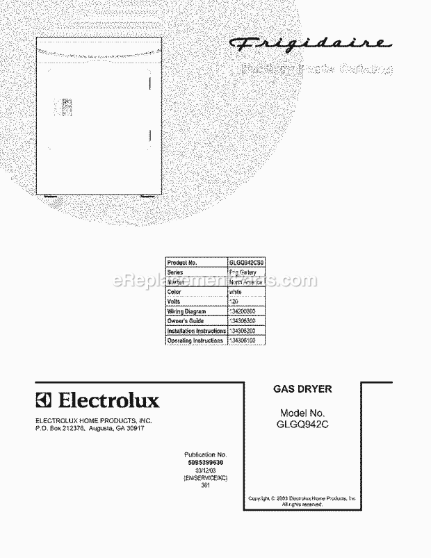Frigidaire GLGQ942CS0 Residential Dryer Page D Diagram