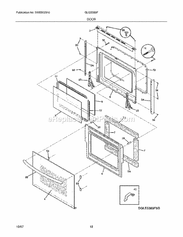 Frigidaire GLGS389FBD Slide-In, Gas Gas Range Door Diagram