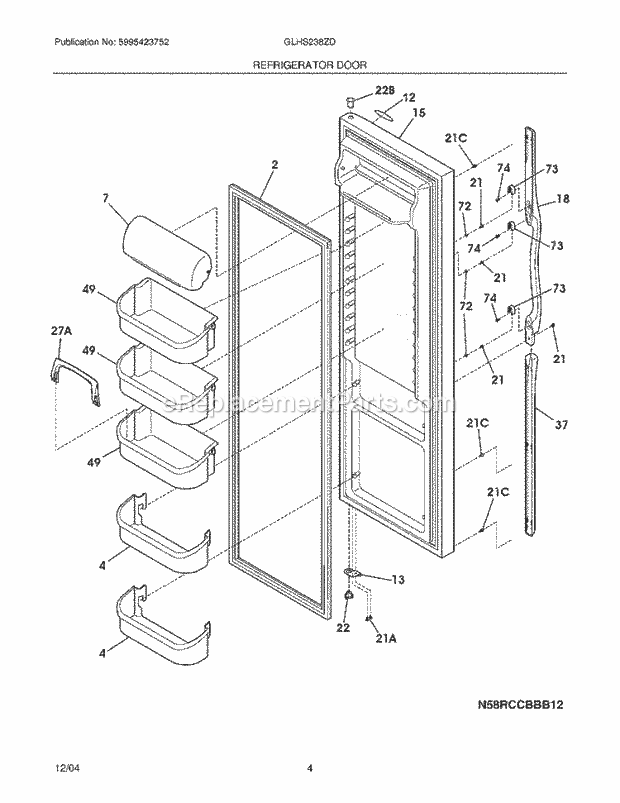 Frigidaire GLHS238ZDQ7 Side-By-Side Refrigerator Refrigerator Door Diagram