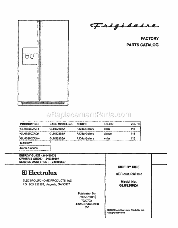 Frigidaire GLHS280ZAB4 Side-By-Side Refrigerator Page C Diagram