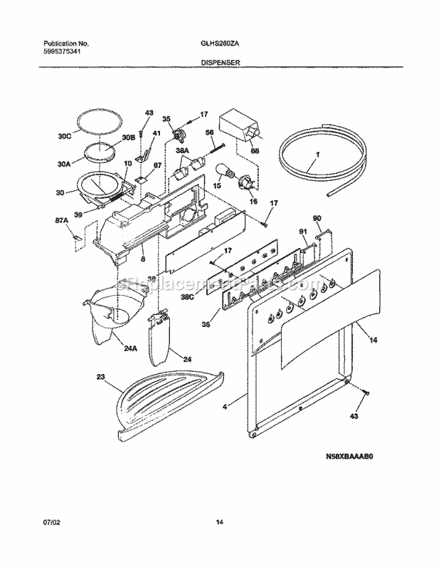 Frigidaire GLHS280ZAB4 Side-By-Side Refrigerator Dispenser Diagram