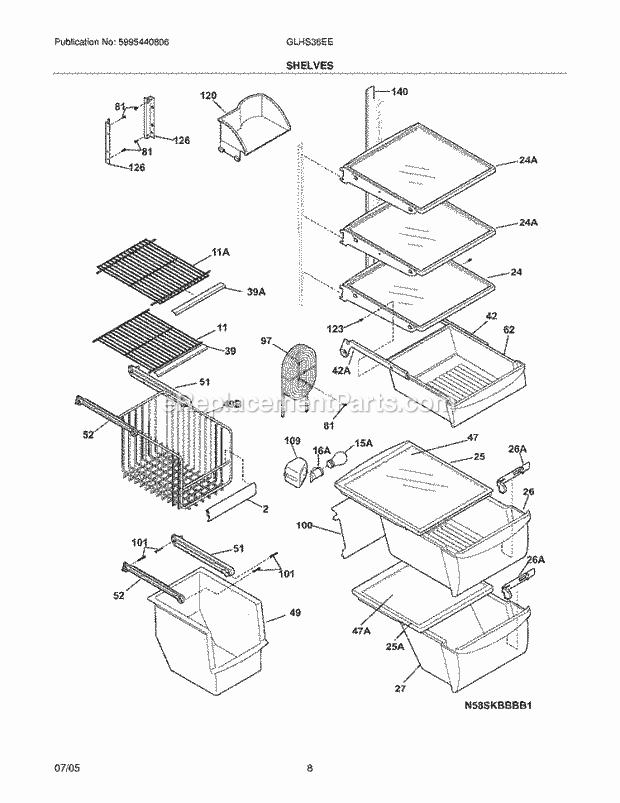 Frigidaire GLHS36EEB1 Side-By-Side Refrigerator Shelves Diagram