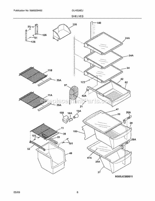 Frigidaire GLHS36EJW1 Side-By-Side Refrigerator Shelves Diagram