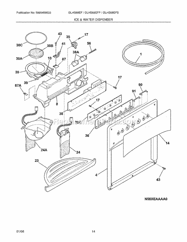 Frigidaire GLHS68EFB0 Side-By-Side Refrigerator Ice & Water Dispenser Diagram