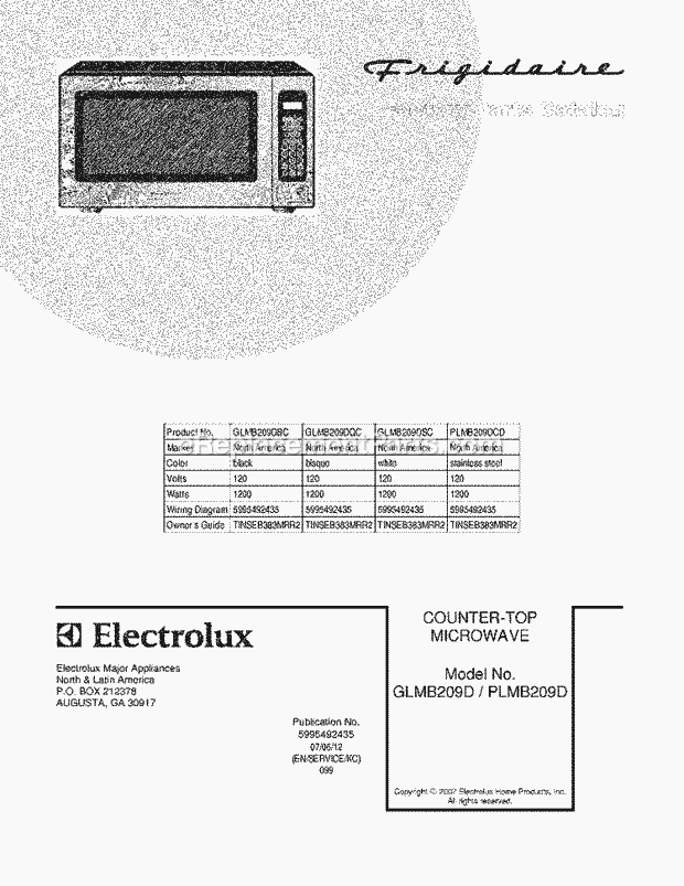 Frigidaire GLMB209DQC Table Top Microwave Page B Diagram