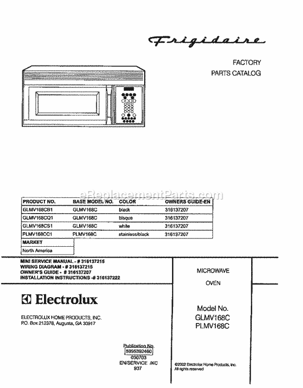 Frigidaire GLMV168CB1 Microwave Hood Combo Microwave Page C Diagram