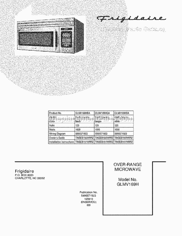 Frigidaire GLMV169HQA Microwave Page B Diagram