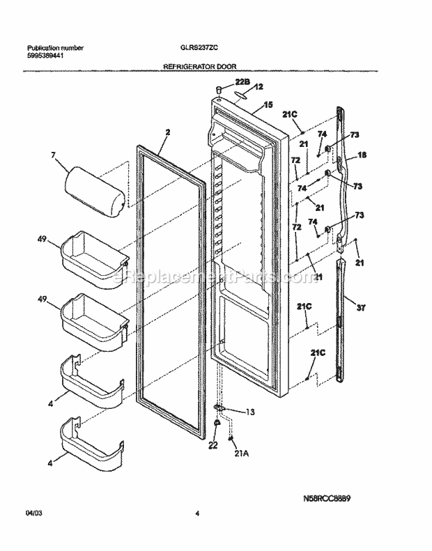 Frigidaire GLRS237ZCW0 Side-By-Side Refrigerator Refrigerator Door Diagram