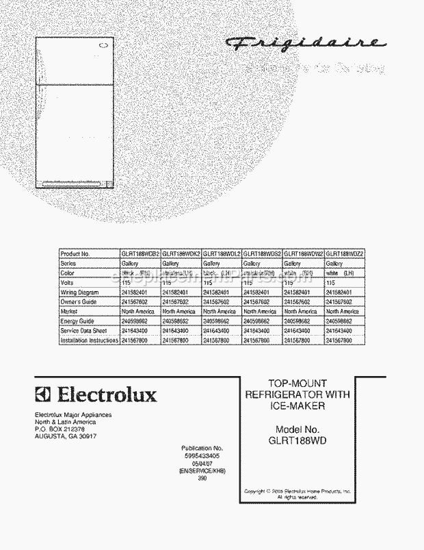 Frigidaire GLRT188WDB2 Top Freezer Refrigerator Page B Diagram