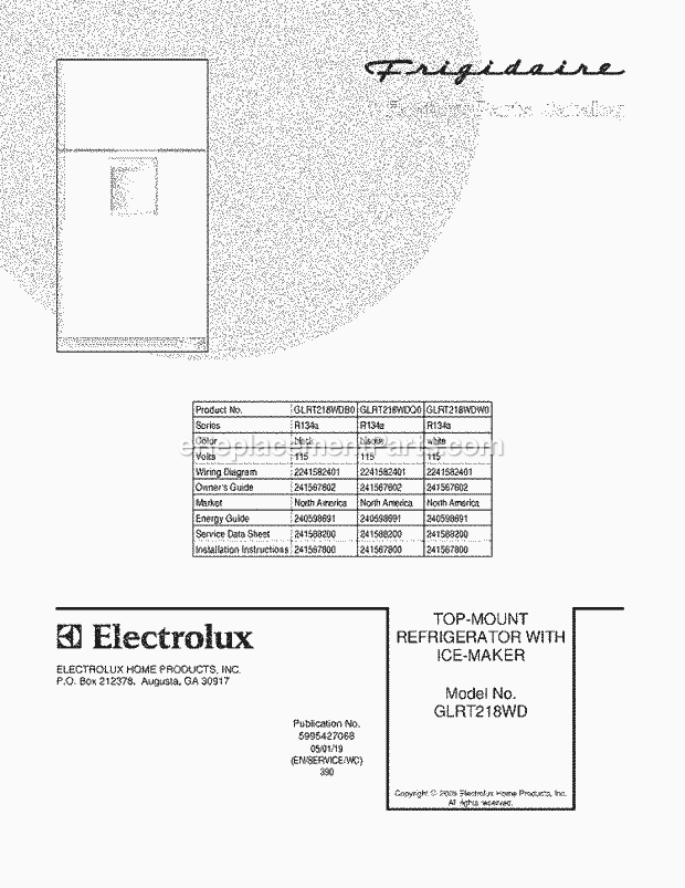 Frigidaire GLRT218WDW0 Top Freezer Refrigerator Page B Diagram