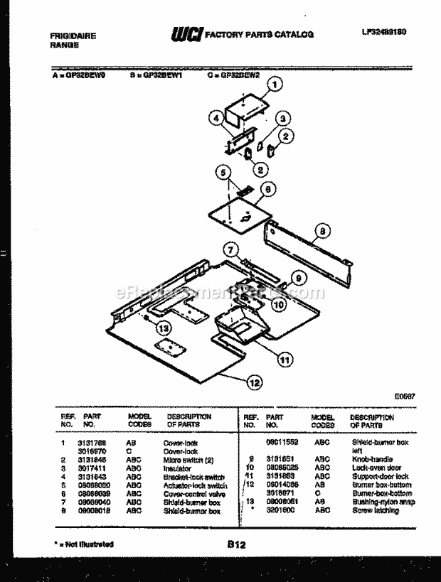 Frigidaire GP32BEW0 Freestanding, Gas Range Gas Burner Box Parts Diagram